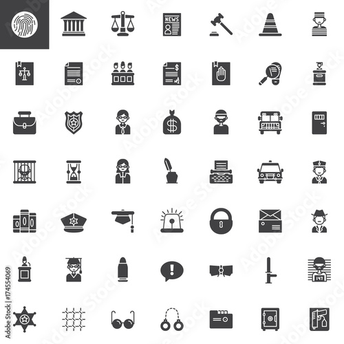 Law and justice vector icons set, modern solid symbol collection, filled pictogram pack. Signs, logo illustration. Set includes icons as fingerprint, courthouse, prison, policeman, judge