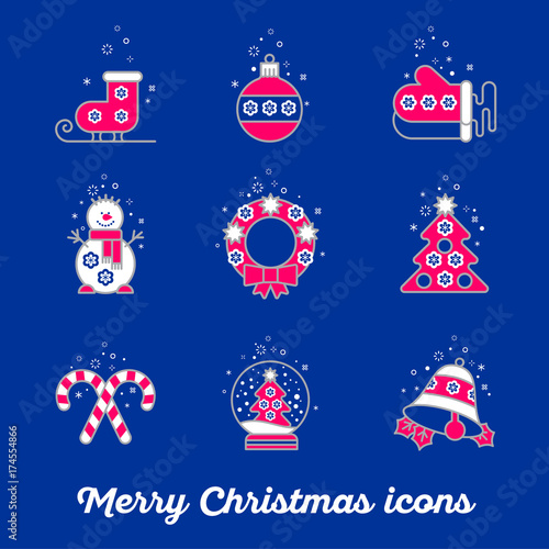 Merry Christmas icon set. Snowman  skates  mittens  christmas wreath  christmas boll  bell  snowball  sweets  christmas tree.