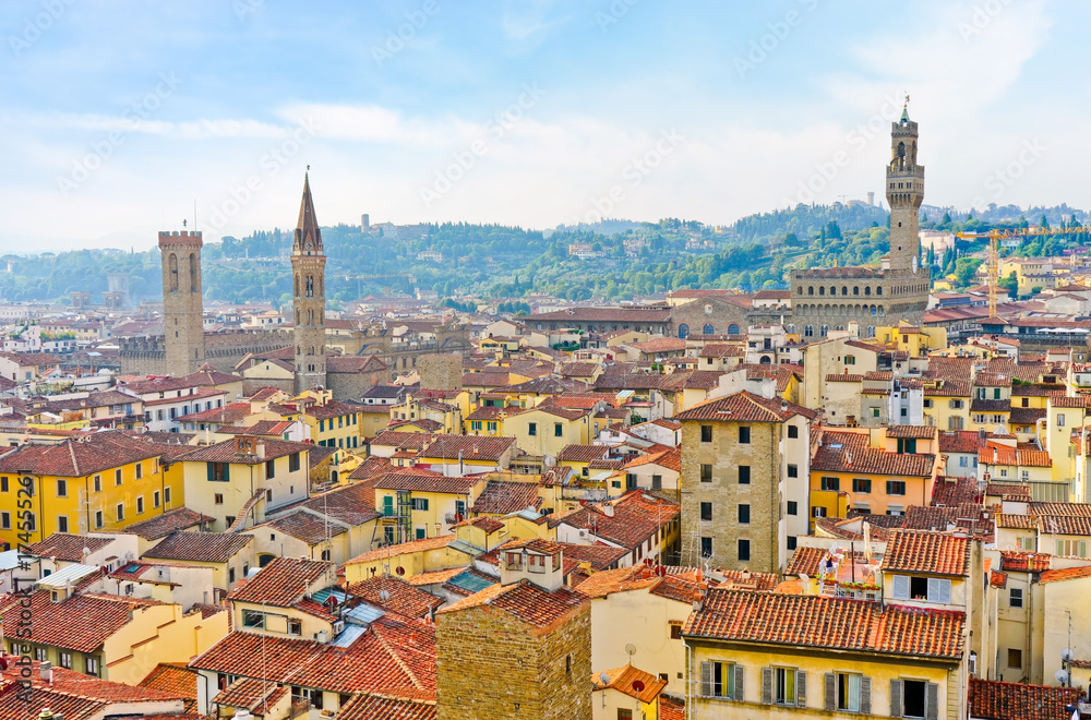 View of the Florence city from Florence Cathedral on a sunny day. 