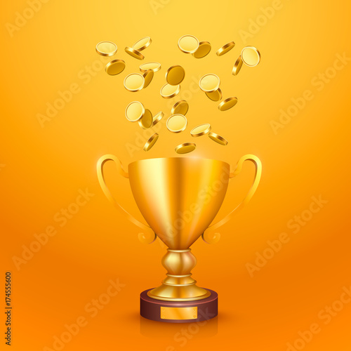 The winner cup with flying gold coins. Vector illustration