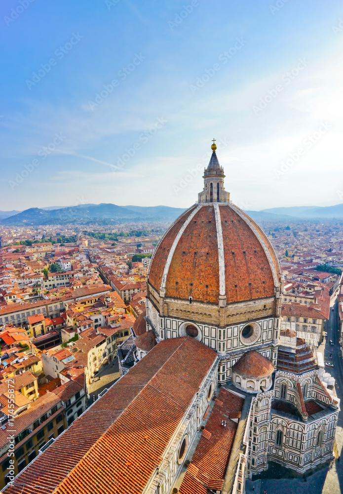 View of the dome of Florence Cathedral and the Florence city in the background on a sunny day. 