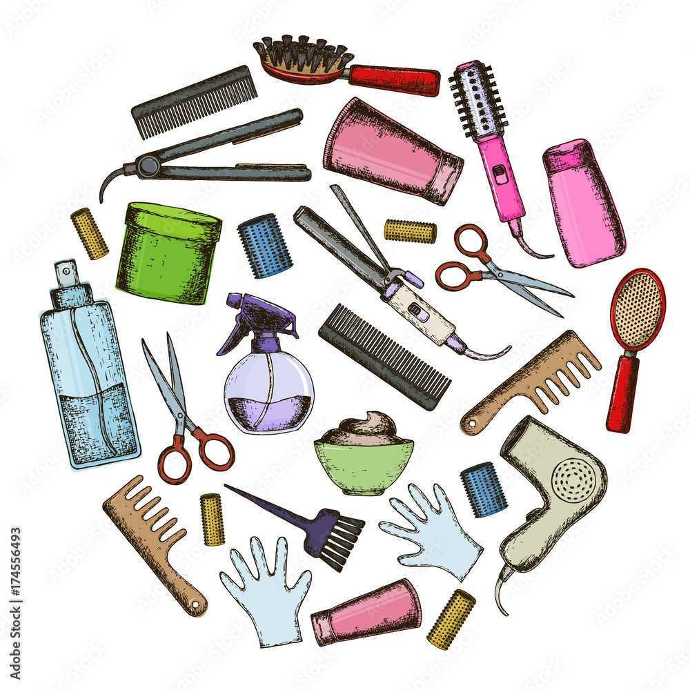 Set of colorful sketch equipments for styling and hair care. Products and tools for home remedies of hair care. Vector