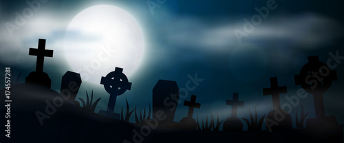 Night cemetery, crosses, tombstones and graves, horizontal banner. Colorful scary Halloween illustration. Vector