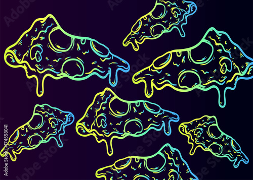 The pattern of food is pieces of pizza. Neon sketch of juicy pizza