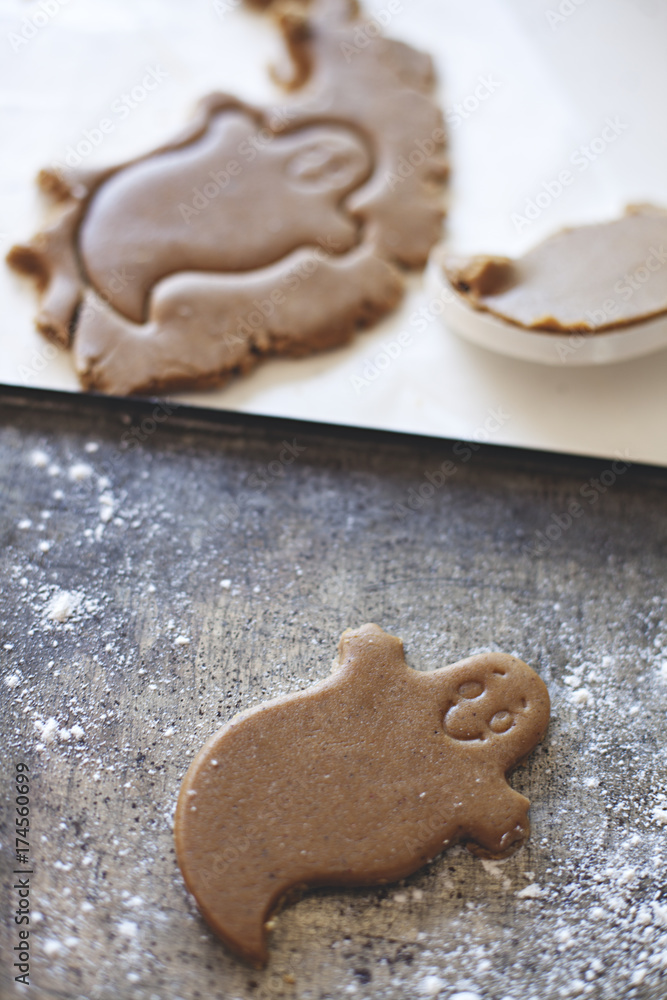 Gingerbread ghost cookie awaits baking for Halloween Gingerbread ghost cookie awaits baking for Halloween