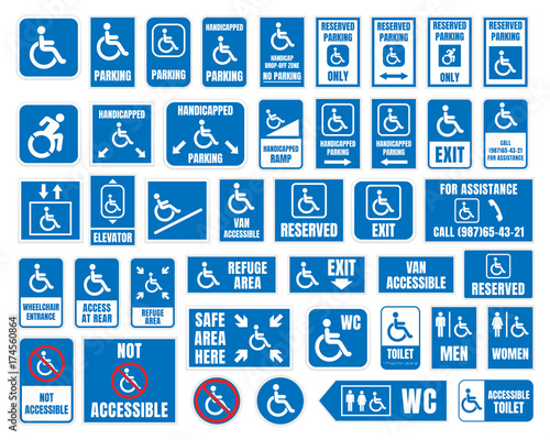 handicap labels and signs, disabled people icons and stickers