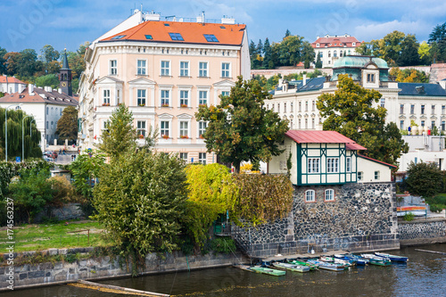 Old Town with its ancient architecture and river banks of Vltava River, Prague, Czech Republic