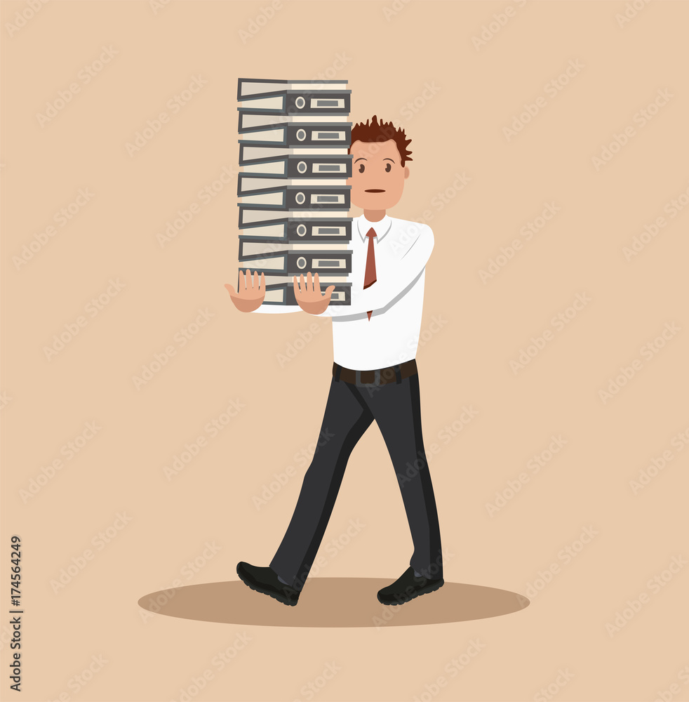 The employee carries a large stack of papers and sheets of paper. Flat design The employee carries a large stack of papers and sheets of paper. Flat design