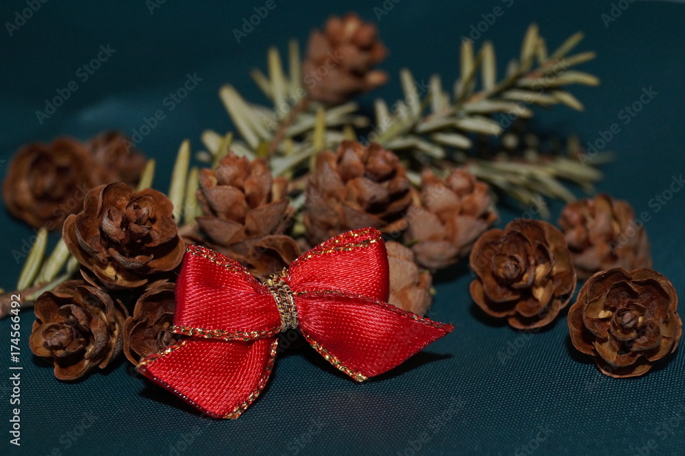 Fototapeta premium Christmas background - red bow, fir cones and fir twig