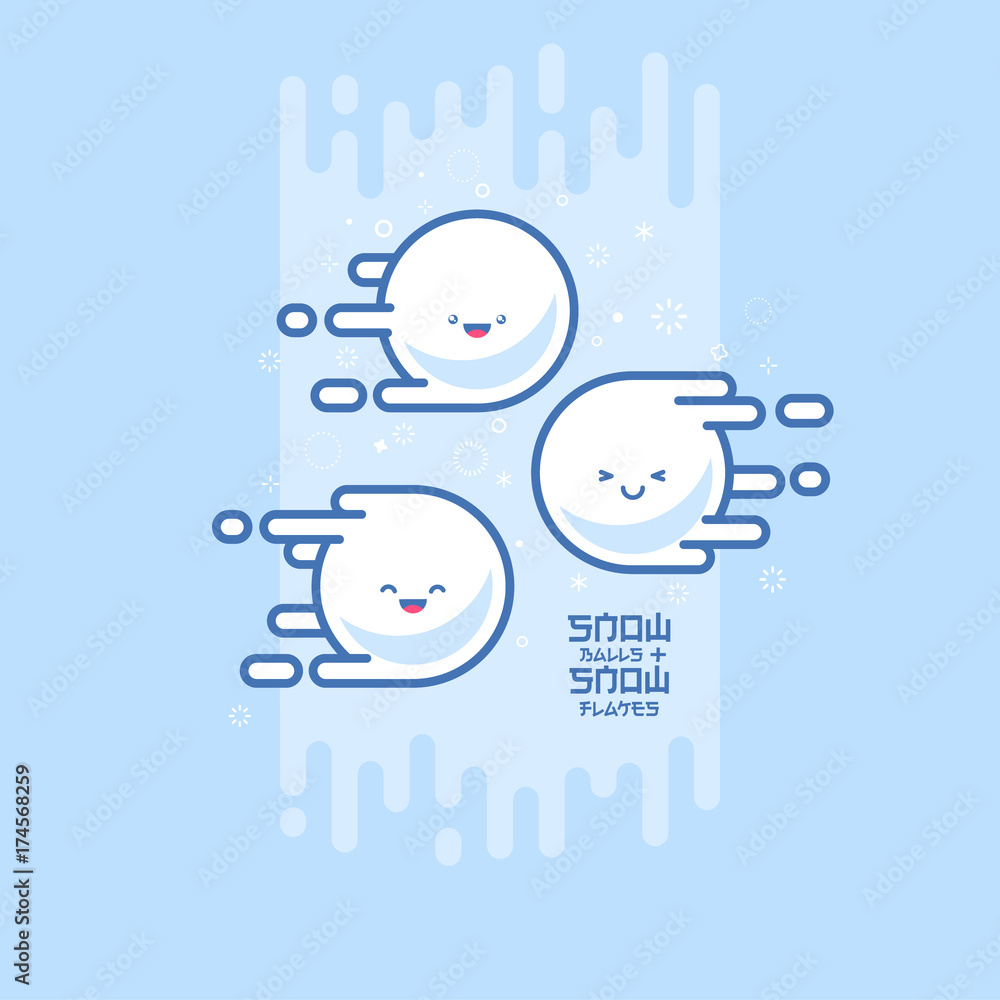 Kawaii Snowballs and snowflakes. New year post card. Snowballs are flying on a blue background. Kawaii Snowballs and snowflakes. New year post card. Snowballs are flying on a blue background.