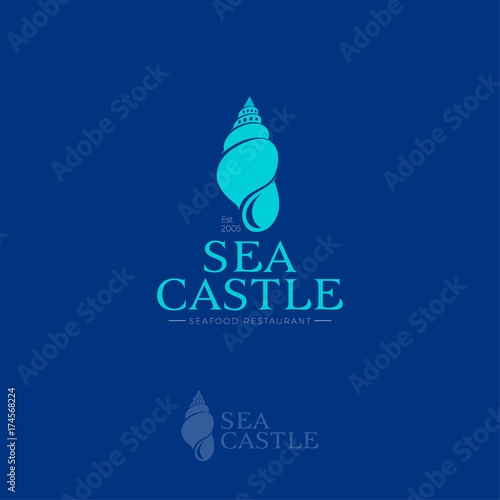 Sea Castle logo. Seafood restaurant emblem. Hotel or Villa logo. Shell as castle on a blue background.