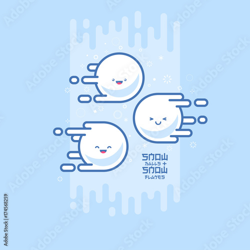 Kawaii Snowballs and snowflakes. New year post card. Snowballs are flying on a blue background.
