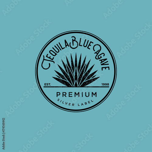 Tequila logo. Silver tequila label. Blue agave premium tequila. Agave in a circle on a blue background  