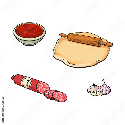 Pizza ingredients - dough, rolling pin, tomato sauce, garlic, salami sausage, sketch vector illustration isolated on white background. Hand drawn rolling pin, tomato sauce, garlic and salami sausage