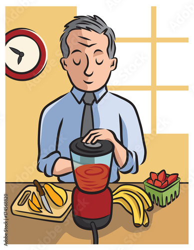 50+ mature man makes his morning smoothie