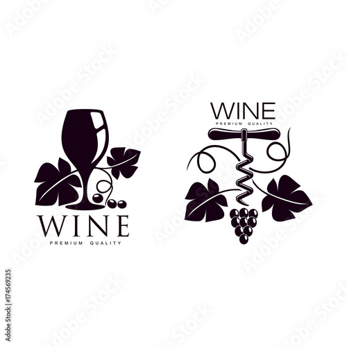 wine corkscrew, glass of wine decorated with grapevine with leaves, ripe grapes and twig set. Elegant Company logo, brand icon design. Isolated illustration on a white background.