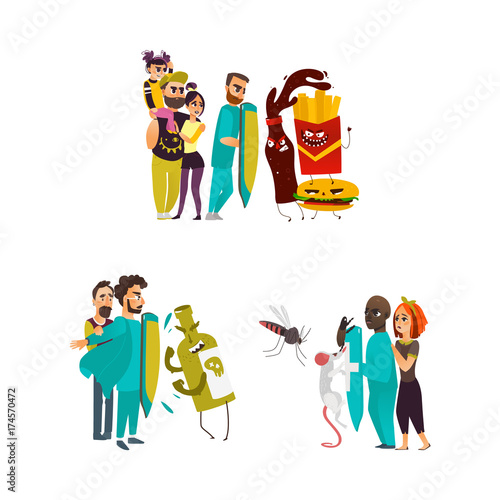 vector flat male doctors protecting male patient by own chest ,shield from mental illness - alcoholism, nicotine , fastfood addiction set. Isolated illustration on a white background