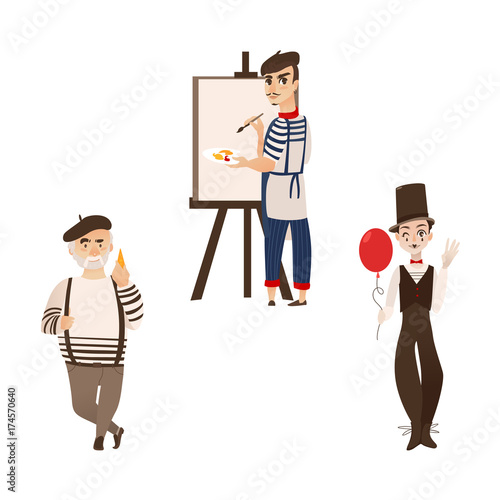 French men, characters - artist, mime and gourmand, symbols of France, flat cartoon vector illustration isolated on white background. Typical, stereotypical French people gourmand, mime and artist