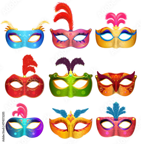Mardi Gras Venetian handmade carnival masks. Face masks collection for masquerade party. Vector illustration