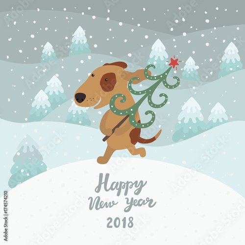 Cute dog carries Christmas tree. Happy new year 2018