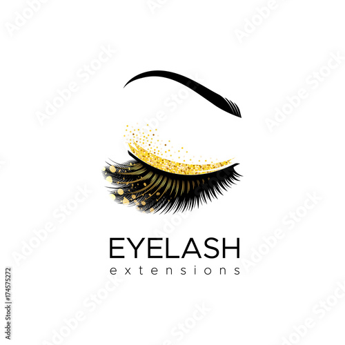 Eyelash extension logo. Makeup with gold glitter. Vector illustration in a modern style