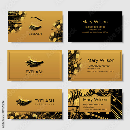 Branding for salon eyelash extension, shop cosmetic products, lashmaker, stylist. Logo, business card. Design with gold elements. Vector illustration in modern style