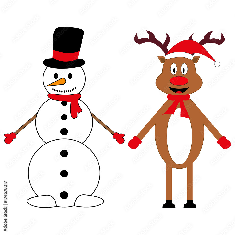 Snowman and Christmas reindeer on a white background Snowman and Christmas reindeer on a white background