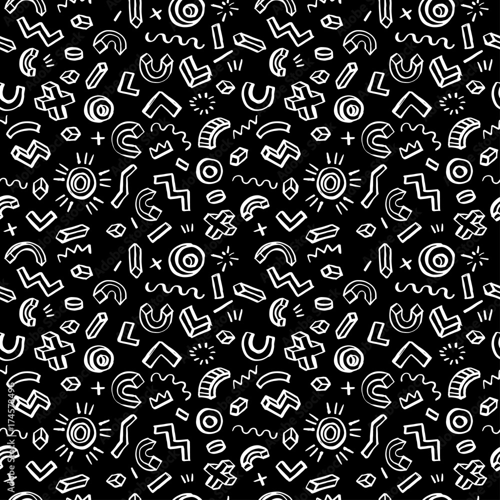 Naklejka premium Memphis style black and white seamless geometric hand drawn ink pattern. Vector illustration