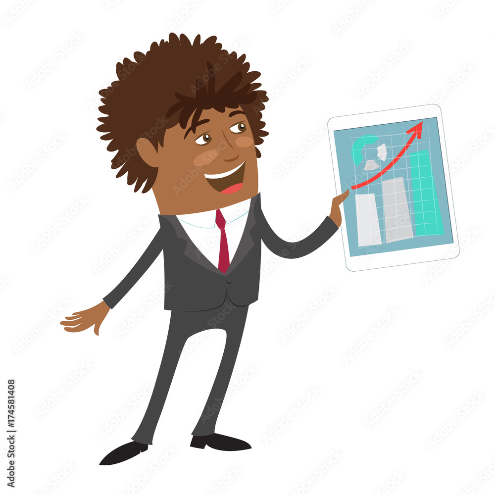 Funny Confident black business man wearing suit hold tablet computer with development graphic and smile. Flat style design set. Vector Illustration.