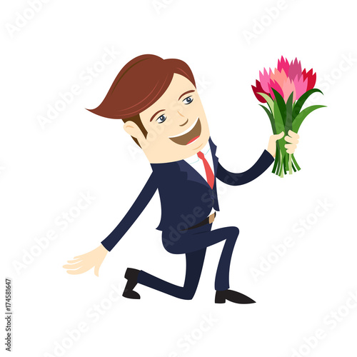 Funny male character wearing suit gives flowers bending knee. Vector illustration