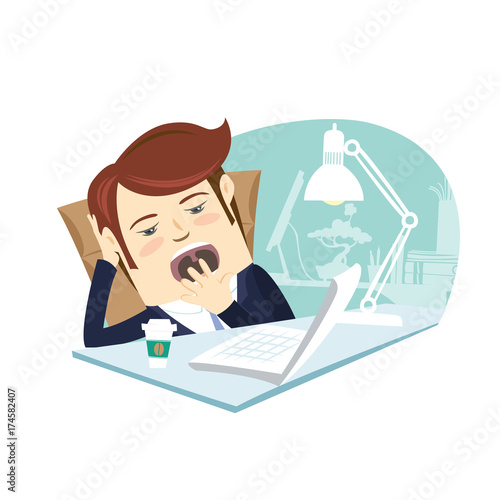 Vector illustration Funny business man yawning at his workplace. Flat style