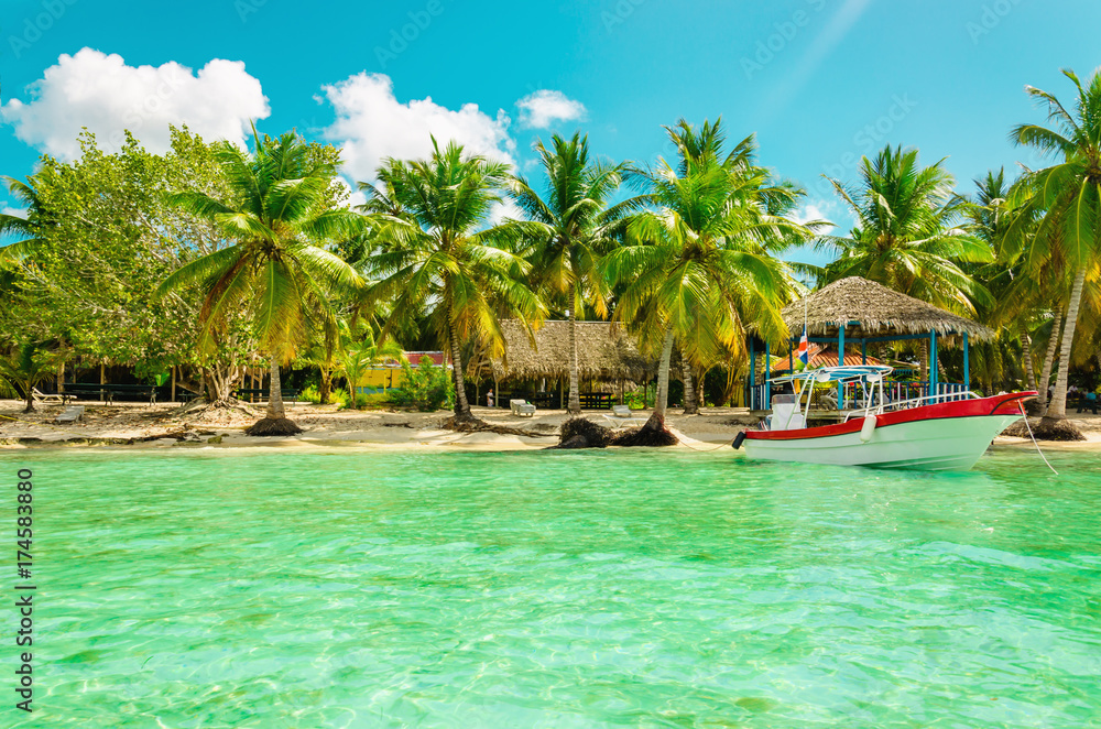 Exotic coast of Dominican Republic with high palms, colorful boats