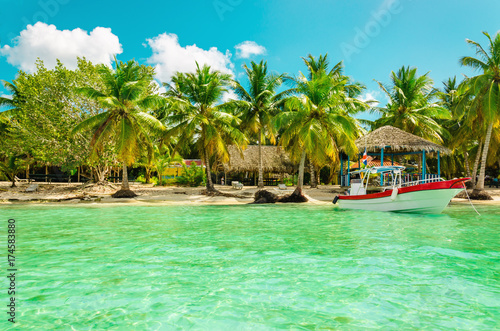 Exotic coast of Dominican Republic with high palms, colorful boats © A.Jedynak
