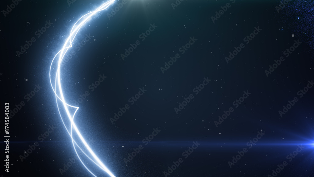 Fototapeta premium Two blue light streak breaks out on a black background with smoke and light particles 3d illustration