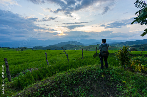 Rice Terraces at sunset time and in rainy season. Best feeling in nature and travel