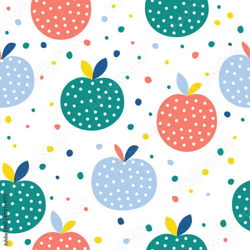 Abstract apple seamless pattern background. Childish handmade craft for design card, cafe menu, wallpaper, gift album, scrapbook, holiday wrapping paper, baby nappy, bag print, t shirt etc.