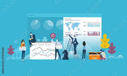 Flat design business people concept for strategy, planning, market research, finance, investment. Vector illustration concept for web banner, business presentation, advertising material.