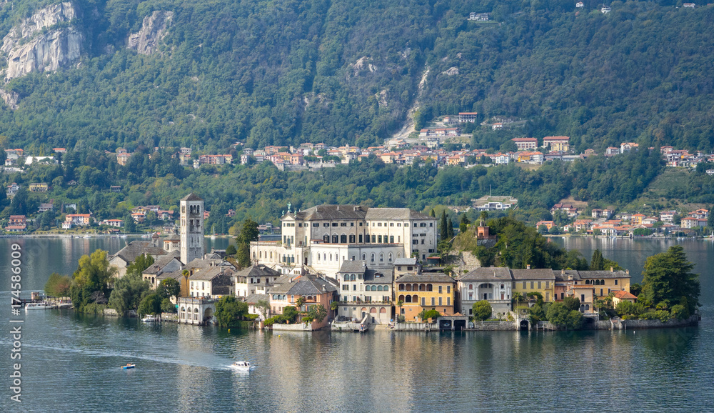 Panoramic view of Orta San Giulio island in Orta Lake, Piedmont, northern Italy.
