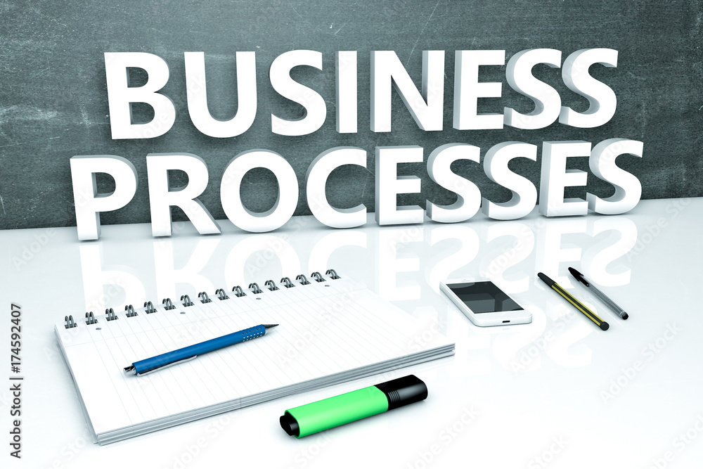 Business Processes - text concept with chalkboard, notebook, pens and mobile phone. 3D render illustration. Business Processes - text concept with chalkboard, notebook, pens and mobile phone. 3D render illustration.
