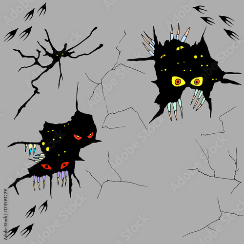 Hand drawn monsters peeping out of cracks in the wall,vector hal