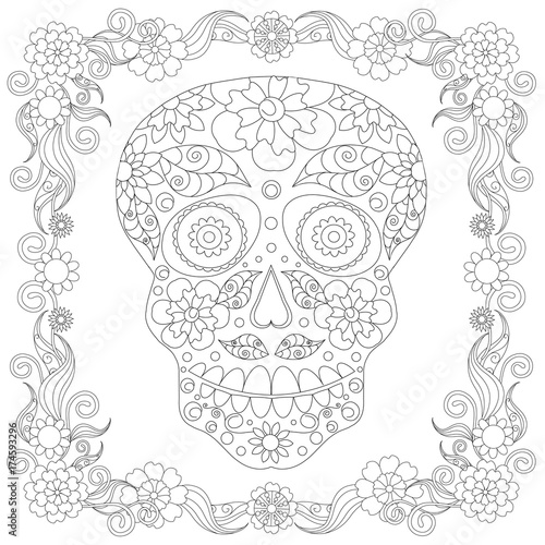 Doodle stylized black and white sugar skull in floral frame hand drawn, monochrome stock vector illustration