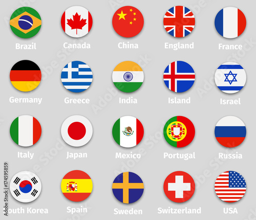 World flags, round icons set