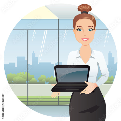 Elegant business woman showing information on laptop screen. / Flat design, vector cartoon character.
