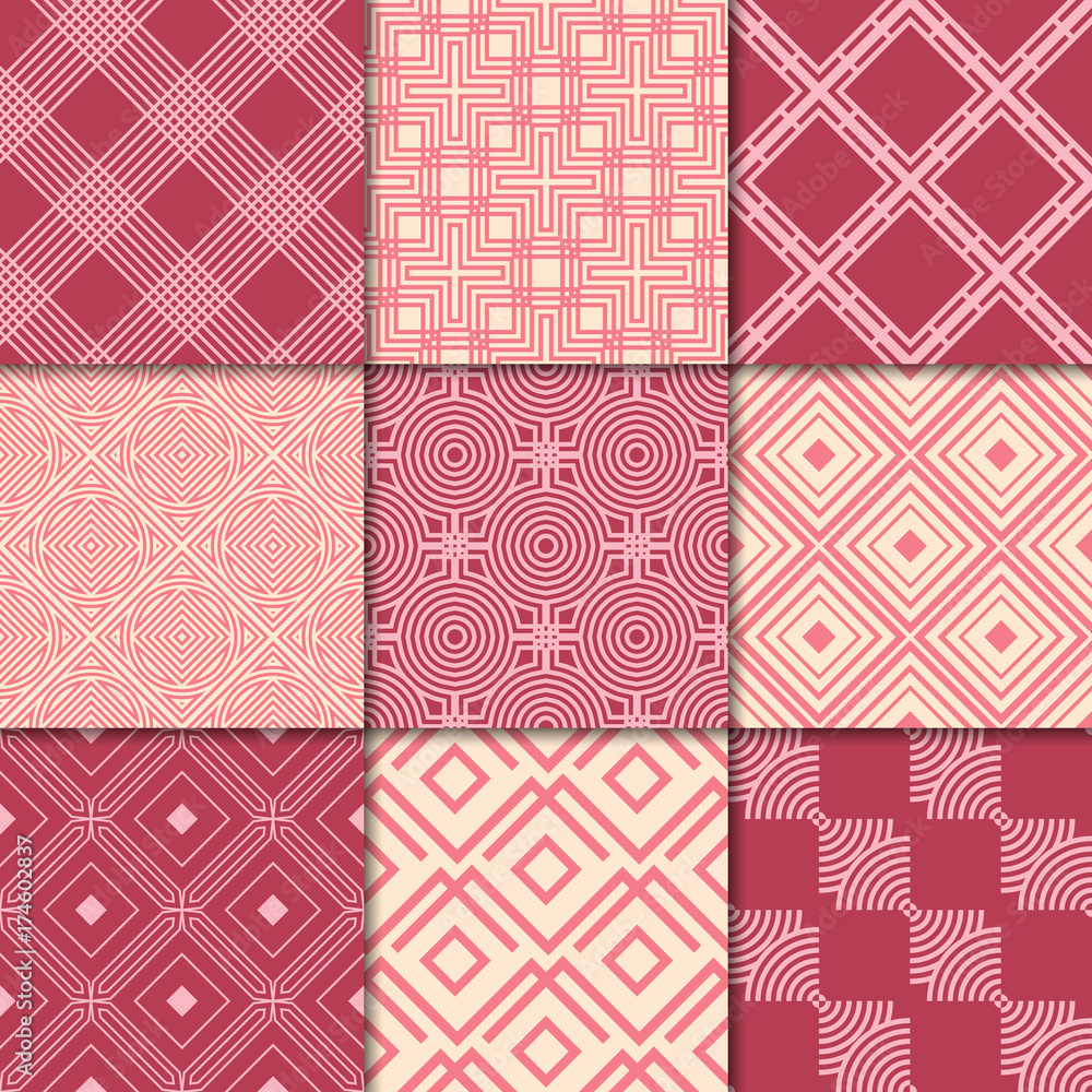 Cherry red and beige geometric ornaments. Collection of seamless patterns