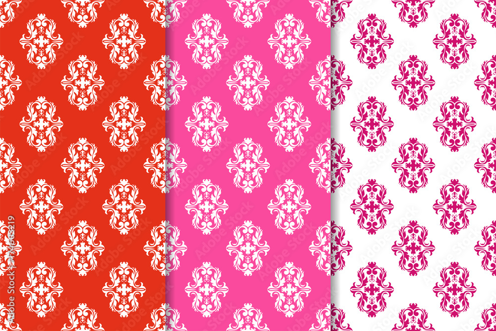 Set of floral ornaments. Red vertical seamless patterns Set of floral ornaments. Red vertical seamless patterns