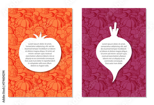 Card design templates on agricultural theme. Red brochures with images of tomato and beetroot