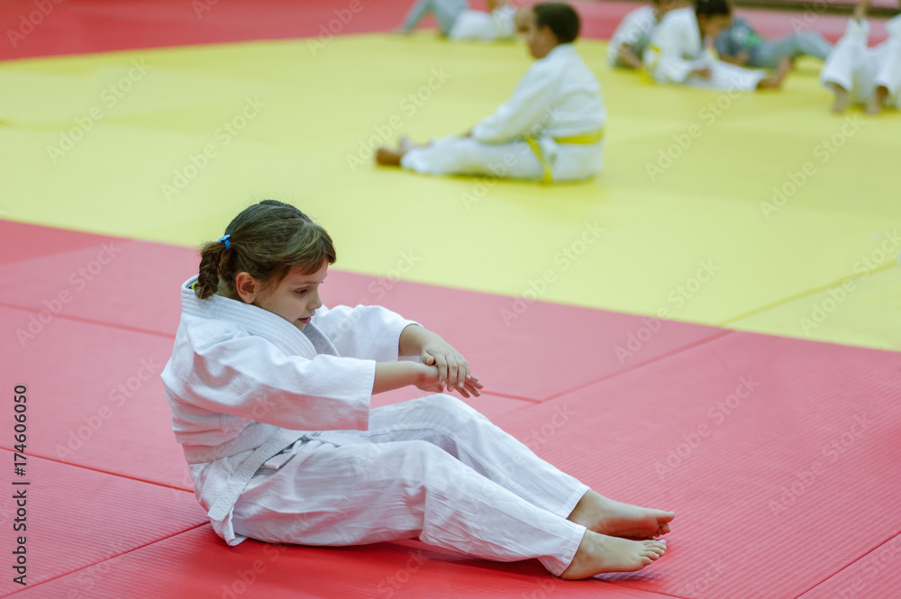 Fotografie Little judo girl practising back fall