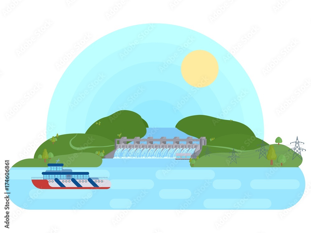 hydroelectric power plant on a river with a reservoir a flat bri