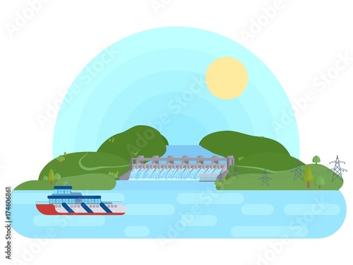 hydroelectric power plant on a river with a reservoir a flat bri