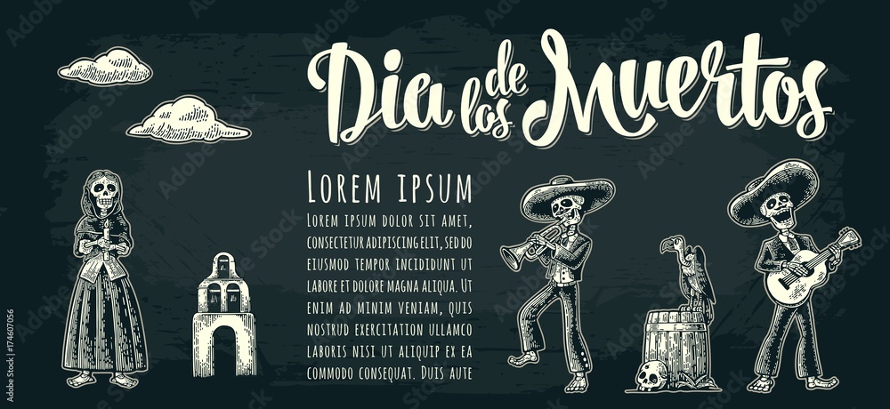 Horizontal poster for Day of the Dead. Dia de los Muertos lettering. Horizontal poster for Day of the Dead. Dia de los Muertos lettering.